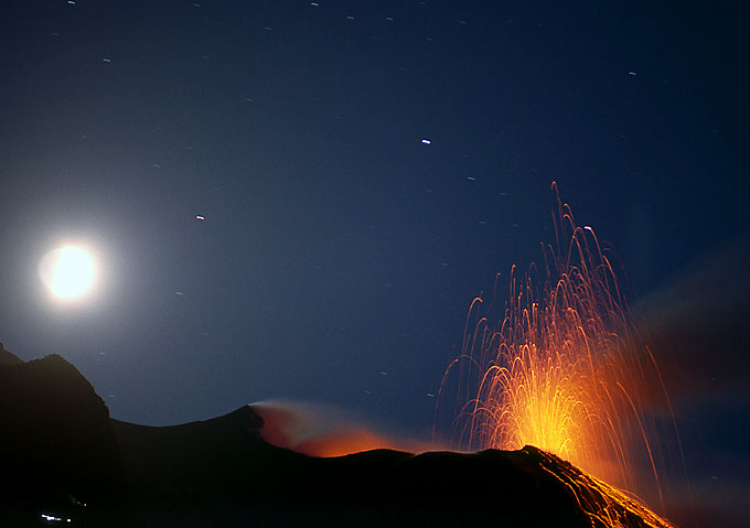 Eruption of Stromboli with moon