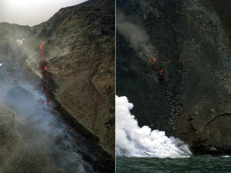 The lava flow in Sciara del Fuoco enters the sea