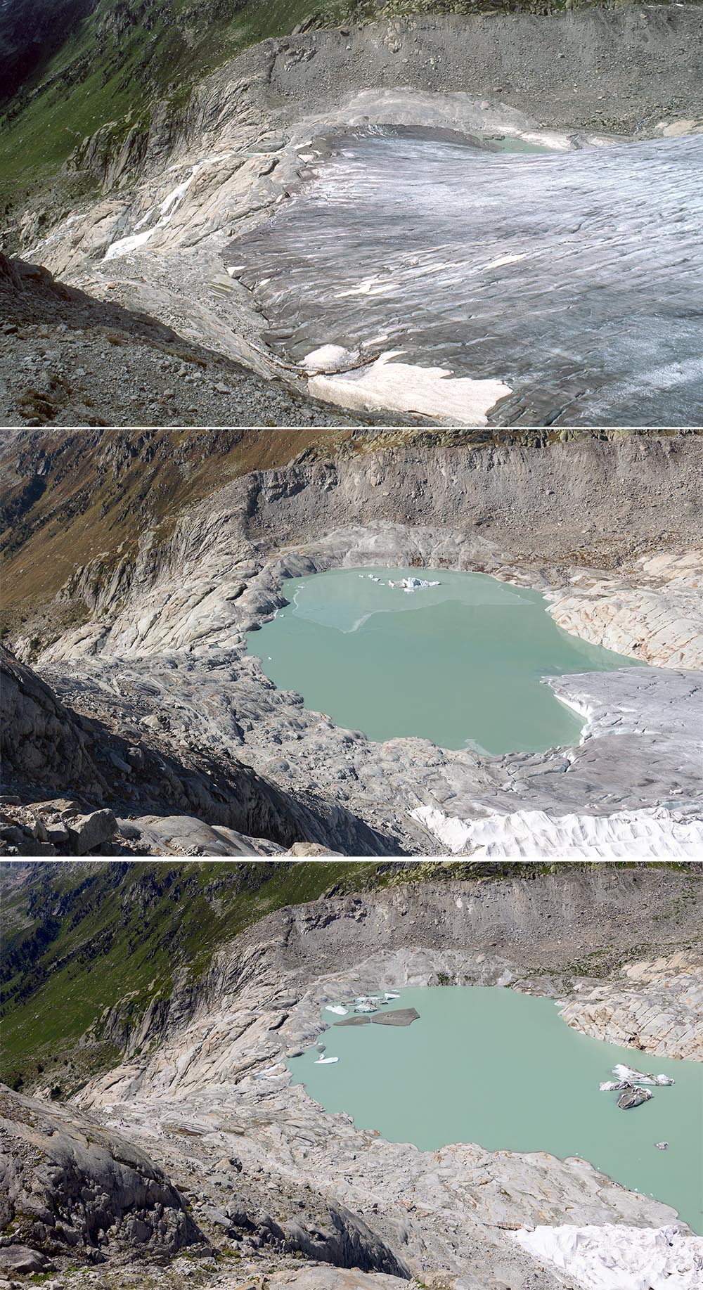 Rhonegletscher: Growth of the proglacial lake, glacier recession by 2023 Rhonegletscher: Growth of the proglacial lake, glacier recession by 2023