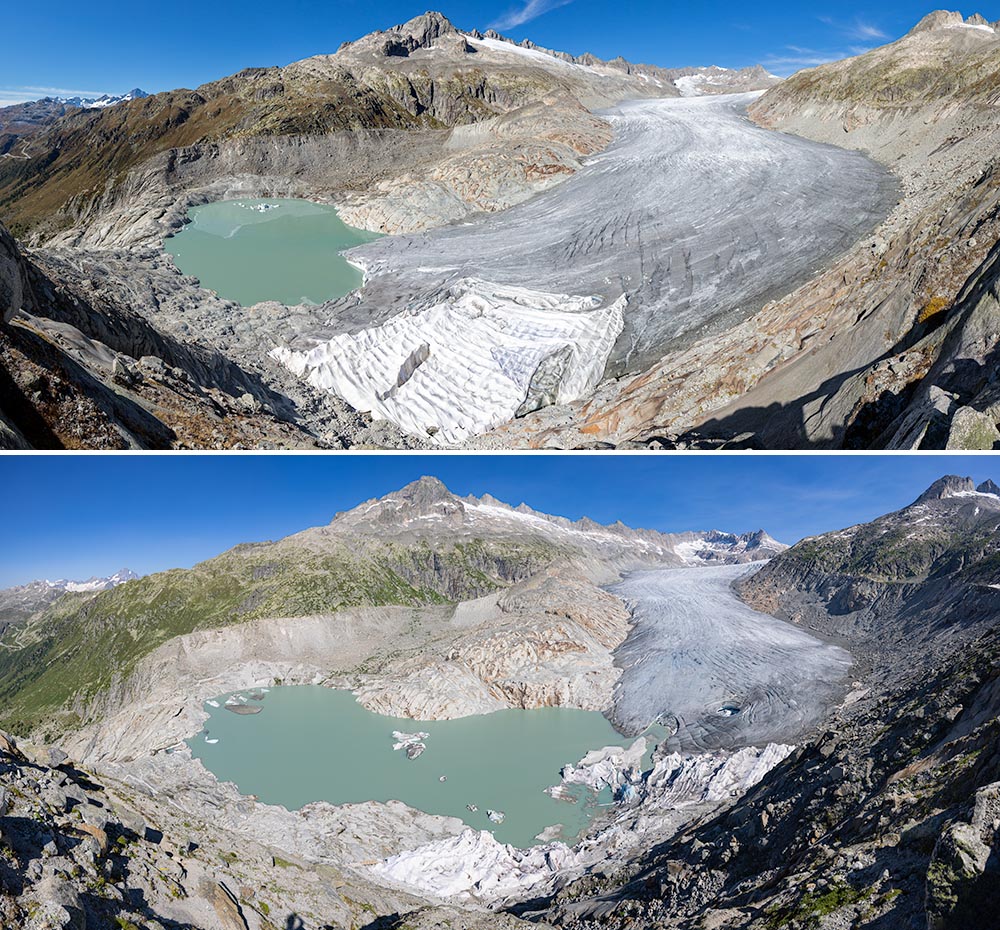 Rhonegletscher: Growth of the proglacial lake, glacier recession by 2023 Rhonegletscher: Growth of the proglacial lake, glacier recession by 2023