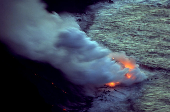 The lava flow in Sciara del Fuoco enters the sea